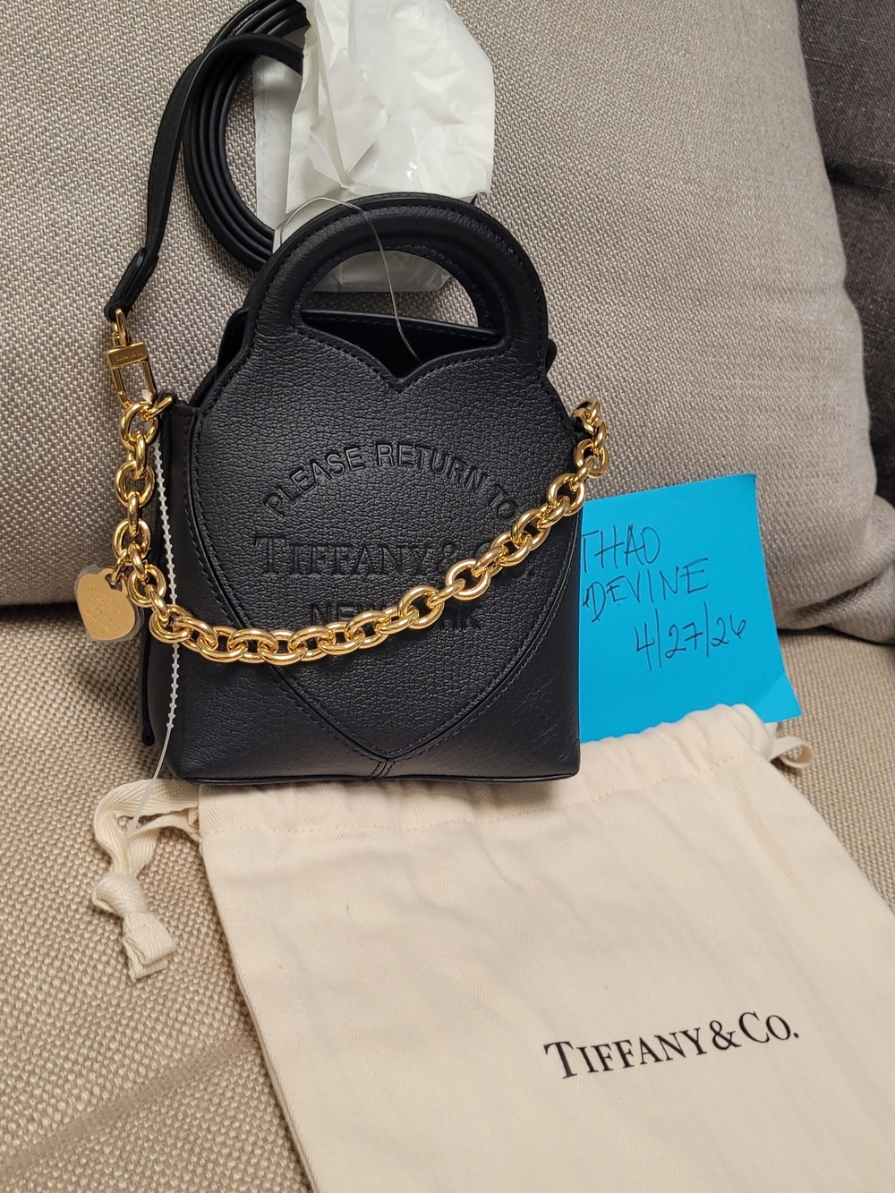 NEW Tiffany & Co. Black Heart-Front Mini Charm Bag with Gold Chain Strap